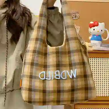 垣途者 日系复古格子休闲韩版刺绣学生上课包 涤纶 单肩包 女款 多色