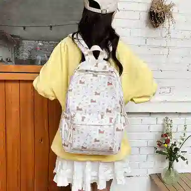 垣途者 日系碎花小狗初高中大学生可爱 尼龙 双肩包 女款 腊肠狗白色/碎花狗白色