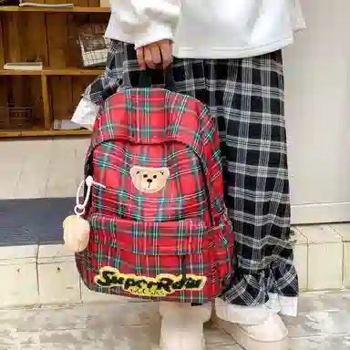 垣途者 日系可爱小熊格子 布 双肩包 女款 红色/棕色/豹纹