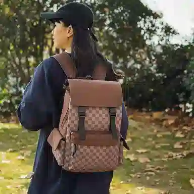 垣途者 潮流格子时尚百搭 尼龙 双肩包 男女同款情侣款 棕色/黑色