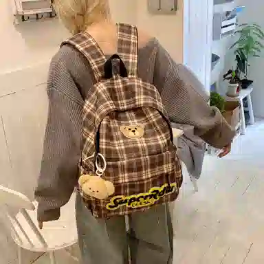 垣途者 日系可爱小熊格子 布 双肩包 女款 红色/棕色/豹纹