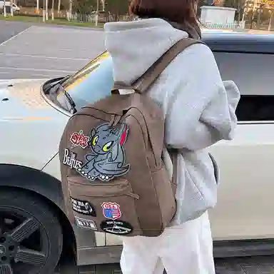 垣途者 潮牌小怪兽复古嘻哈摇滚 帆布 双肩包 男女同款情侣款 咖色