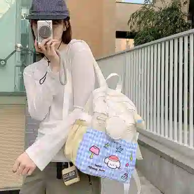 垣途者 日系小清新可爱甜学生 尼龙 双肩包 女款 白色蓝格子