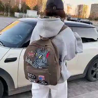 垣途者 潮牌小怪兽复古嘻哈摇滚 帆布 双肩包 男女同款情侣款 咖色