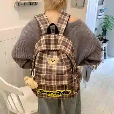 垣途者 日系可爱小熊格子 布 双肩包 女款 红色/棕色/豹纹