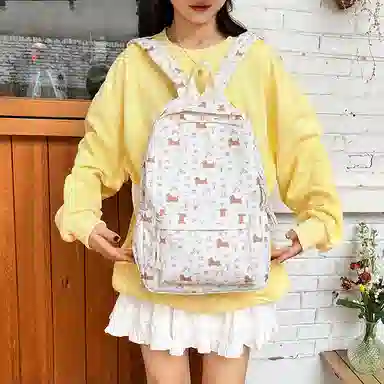 垣途者 日系碎花小狗初高中大学生可爱 尼龙 双肩包 女款 腊肠狗白色/碎花狗白色