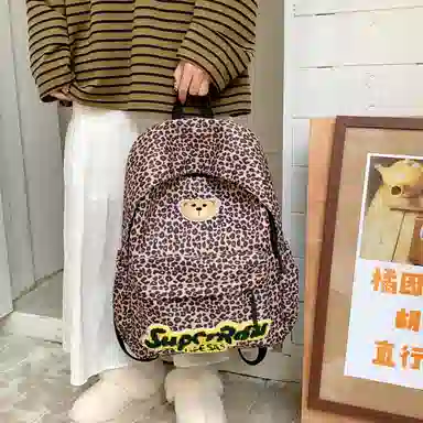 垣途者 日系可爱小熊格子 布 双肩包 女款 红色/棕色/豹纹