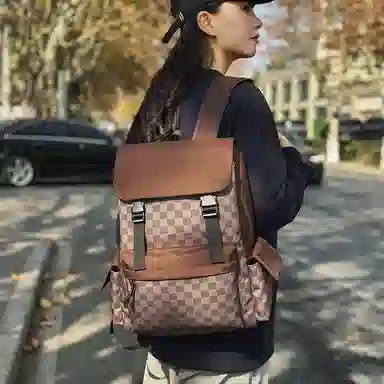 垣途者 潮流格子时尚百搭 尼龙 双肩包 男女同款情侣款 棕色/黑色