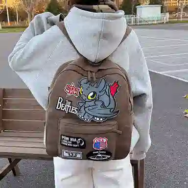 垣途者 潮牌小怪兽复古嘻哈摇滚 帆布 双肩包 男女同款情侣款 咖色