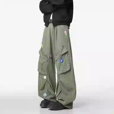 悍戈 美式复古多口袋创意褶皱舒适百搭伞兵牛仔工装裤休闲裤 男女同款
