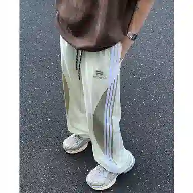 悍戈 美式复古学院风侧边撞色条纹高品质冰丝薄款透气速干户外运动宽松阔腿百搭舒适抽绳伞兵直筒时尚休闲裤 男女同款