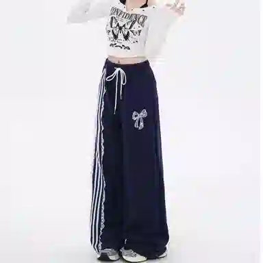 玉儿恋 美式复古三道杠蕾丝边刺绣运动长裤休闲裤 女款