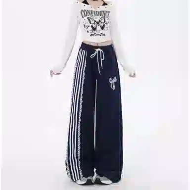 玉儿恋 美式复古三道杠蕾丝边刺绣运动长裤休闲裤 女款