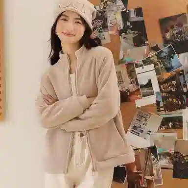 重磅基础 纯色立领简约舒适开衫卫衣 女款 奶茶色