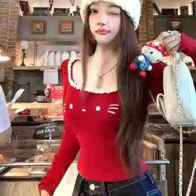 YGPRW U-Neck Lace Cat Top