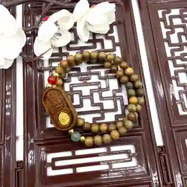 耳玺 双圈佛珠扎基拉姆牌念珠新中式国潮纳福招财文玩复古转运珠好运 绿檀 木作手串 男女同款情侣款