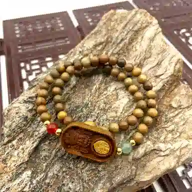 耳玺 双圈佛珠扎基拉姆牌念珠新中式国潮纳福招财文玩复古转运珠好运 绿檀 木作手串 男女同款情侣款