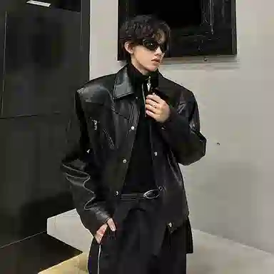 悍戈 美式街头复古机能风春秋翻领皮宽松百搭显高级感夹克 男女同款