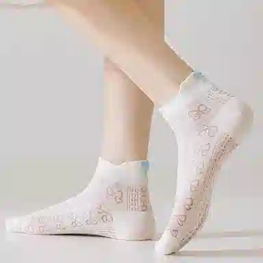 健将 薄款无骨网眼透气蝴蝶结刺绣不掉跟时尚百搭短袜 女款 礼袋组合装