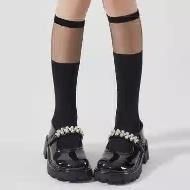 健将 法式小众玻璃丝拼接及膝小腿袜薄款透气设计感时尚百搭高筒袜 女款 礼袋组合装