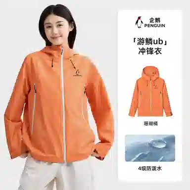 企鹅  春秋情侣防水纯色常规长袖连帽宽松型  户外远足 防雨防风冲锋衣 男女同款