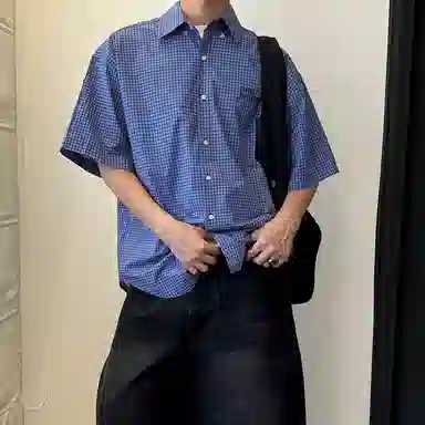 玉儿恋 美式复古舒适透气落肩翻领短袖衬衫 男女同款