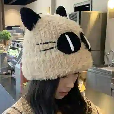 雅鹿 可爱猫咪大眼毛绒绒针织帽秋冬季保暖加厚加绒大头围百搭学生显脸小毛线帽 棉 绒线帽 男女同款情侣款 礼盒装