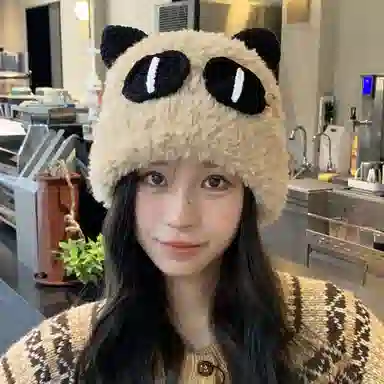 雅鹿 可爱猫咪大眼毛绒绒针织帽秋冬季保暖加厚加绒大头围百搭学生显脸小毛线帽 棉 绒线帽 男女同款情侣款 礼盒装