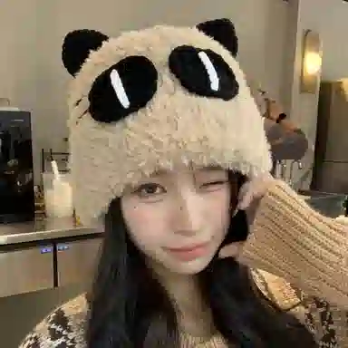 雅鹿 可爱猫咪大眼毛绒绒针织帽秋冬季保暖加厚加绒大头围百搭学生显脸小毛线帽 棉 绒线帽 男女同款情侣款 礼盒装