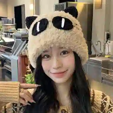 雅鹿 可爱猫咪大眼毛绒绒针织帽秋冬季保暖加厚加绒大头围百搭学生显脸小毛线帽 棉 绒线帽 男女同款情侣款 礼盒装