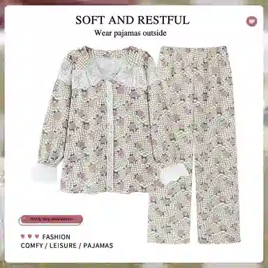 芬腾可安 韩版甜美亲肤长袖长裤家居服可外穿睡衣套装 女款 图色