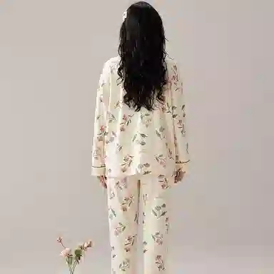 芬腾可安 高级感带胸垫长袖长裤可外穿休闲薄款免穿文胸睡衣套装 女款 图色