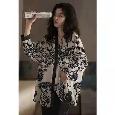 芬腾可安 韩版冰丝薄款中国风开衫长袖长裤可外穿休闲高级感睡衣套装 女款 图色