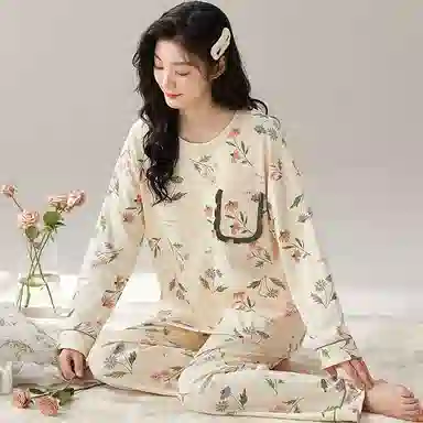芬腾可安 高级感带胸垫长袖长裤可外穿休闲薄款免穿文胸睡衣套装 女款 图色