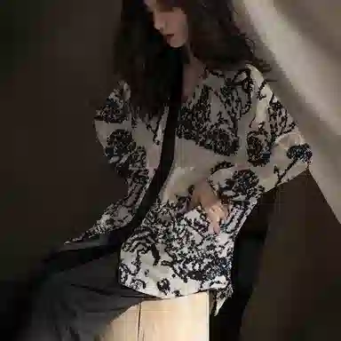 芬腾可安 韩版冰丝薄款中国风开衫长袖长裤可外穿休闲高级感睡衣套装 女款 图色