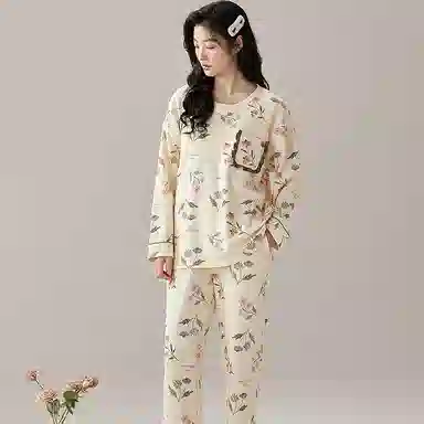 芬腾可安 高级感带胸垫长袖长裤可外穿休闲薄款免穿文胸睡衣套装 女款 图色