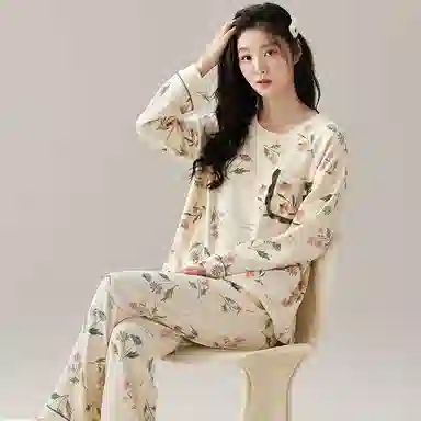 芬腾可安 高级感带胸垫长袖长裤可外穿休闲薄款免穿文胸睡衣套装 女款 图色