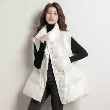 鸭鸭 纯色立领拉链保暖宽松亮面三防时尚外穿百搭无袖羽绒马甲 女款