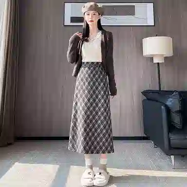 水中花 复古格子包臀中长款修身舒适休闲长裙 女款