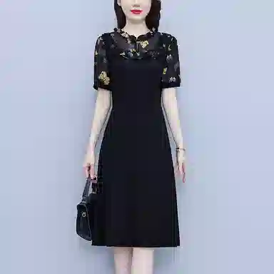 水中花 气质韩版显瘦时尚收腰裙子中年妈妈短袖连衣裙 女款