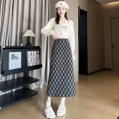 水中花 复古格子包臀中长款修身舒适休闲长裙 女款