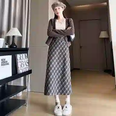 水中花 复古格子包臀中长款修身舒适休闲长裙 女款