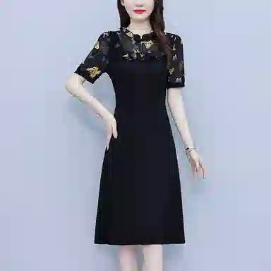 水中花 气质韩版显瘦时尚收腰裙子中年妈妈短袖连衣裙 女款