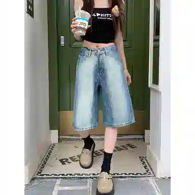 水中花 高街廓形渐变五分牛仔短裤 女款