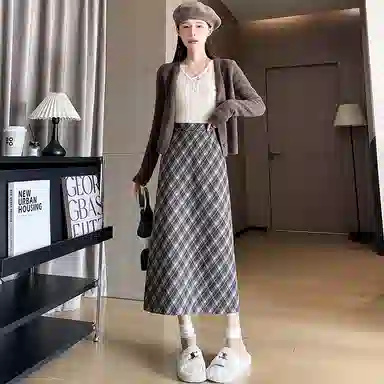 水中花 复古格子包臀中长款修身舒适休闲长裙 女款