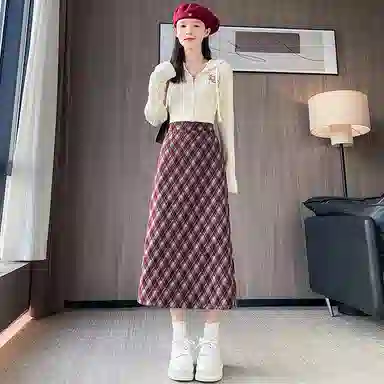 水中花 复古格子包臀中长款修身舒适休闲长裙 女款