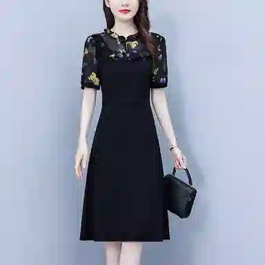 水中花 气质韩版显瘦时尚收腰裙子中年妈妈短袖连衣裙 女款