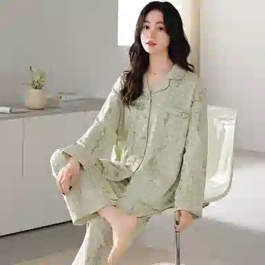 夏芬妍 休闲舒适简约高级感花卉千鸟格满印经典翻领开衫家居服宽松柔软亲肤长袖长裤可外穿睡衣套装 女款 浅绿色