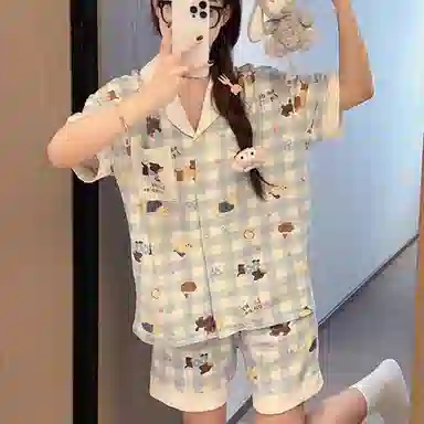 夏芬妍 柔软舒适格子小狗云朵棉翻领开衫家居服亲肤休闲短袖短裤时尚可外穿睡衣套装 女款 蓝色