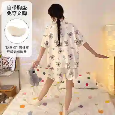 夏芬妍 柔软舒适卡通考拉翻领开衫家居服亲肤短袖短裤休闲带胸垫可外穿睡衣套装 女款